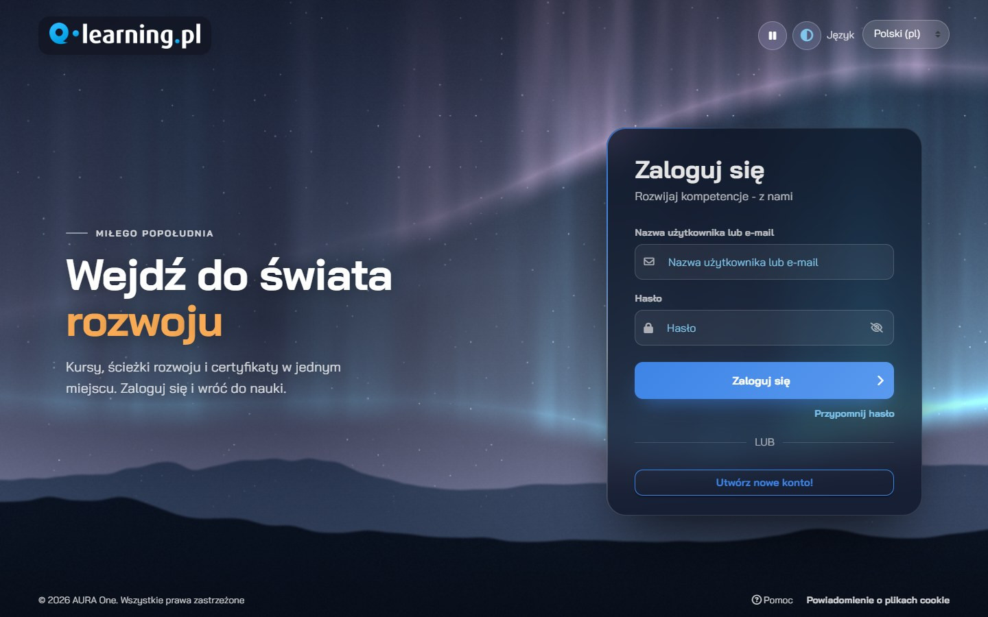 Ekran logowania Aura UX z animowaną zorzą